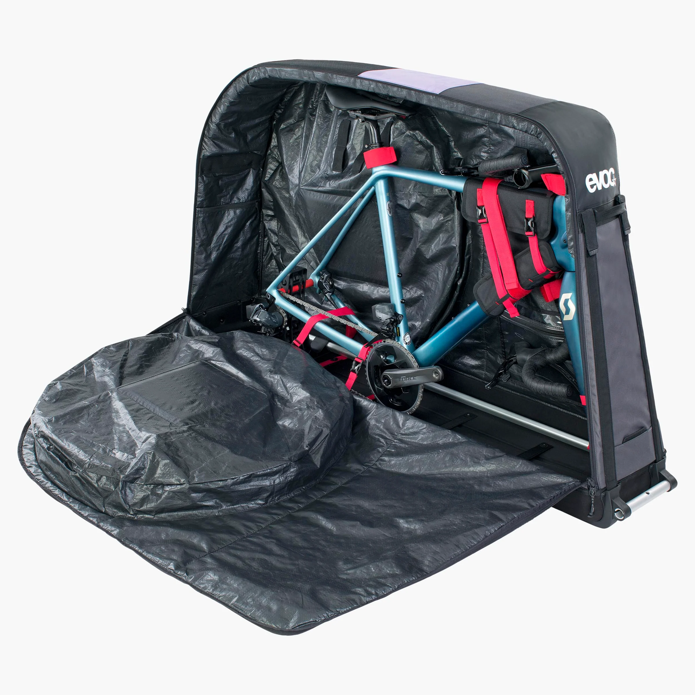 Evoc Bike Bag Pro – opengeklapt met racefiets Evoc Bike Bag Pro - opengeklapt met racefiets